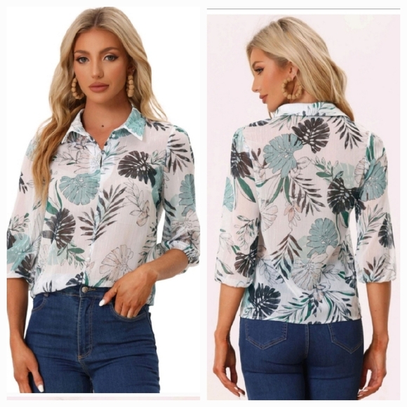 Allegra K Women's Point Collard 3/4 Sleeve Sheer Lightweight Leaves Floral Print - Picture 1 of 16